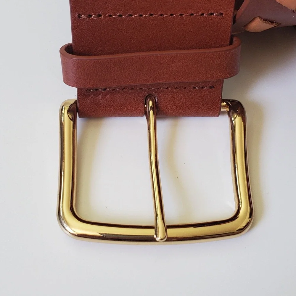 Chicos Wide Woven Leather Hip Belt Medium‎ Brown Tan Adjustable Boho Western